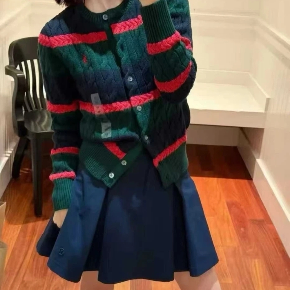 NWT Polo Ralph Lauren Women 100% Cotton Striped Cable Knit Cardigan Sweater